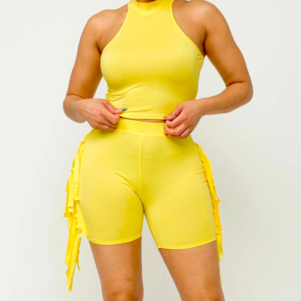 Mock Neck Crop Top and Side Laser Cut Shorts Set